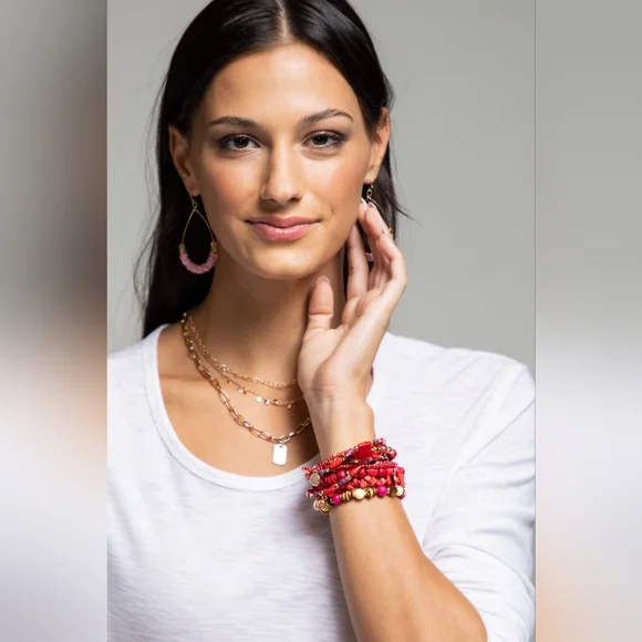 Red Boho Chic Multi Layered Stretch Bracelet w Golden Seashell & Coin Charms - Picture 3 of 6